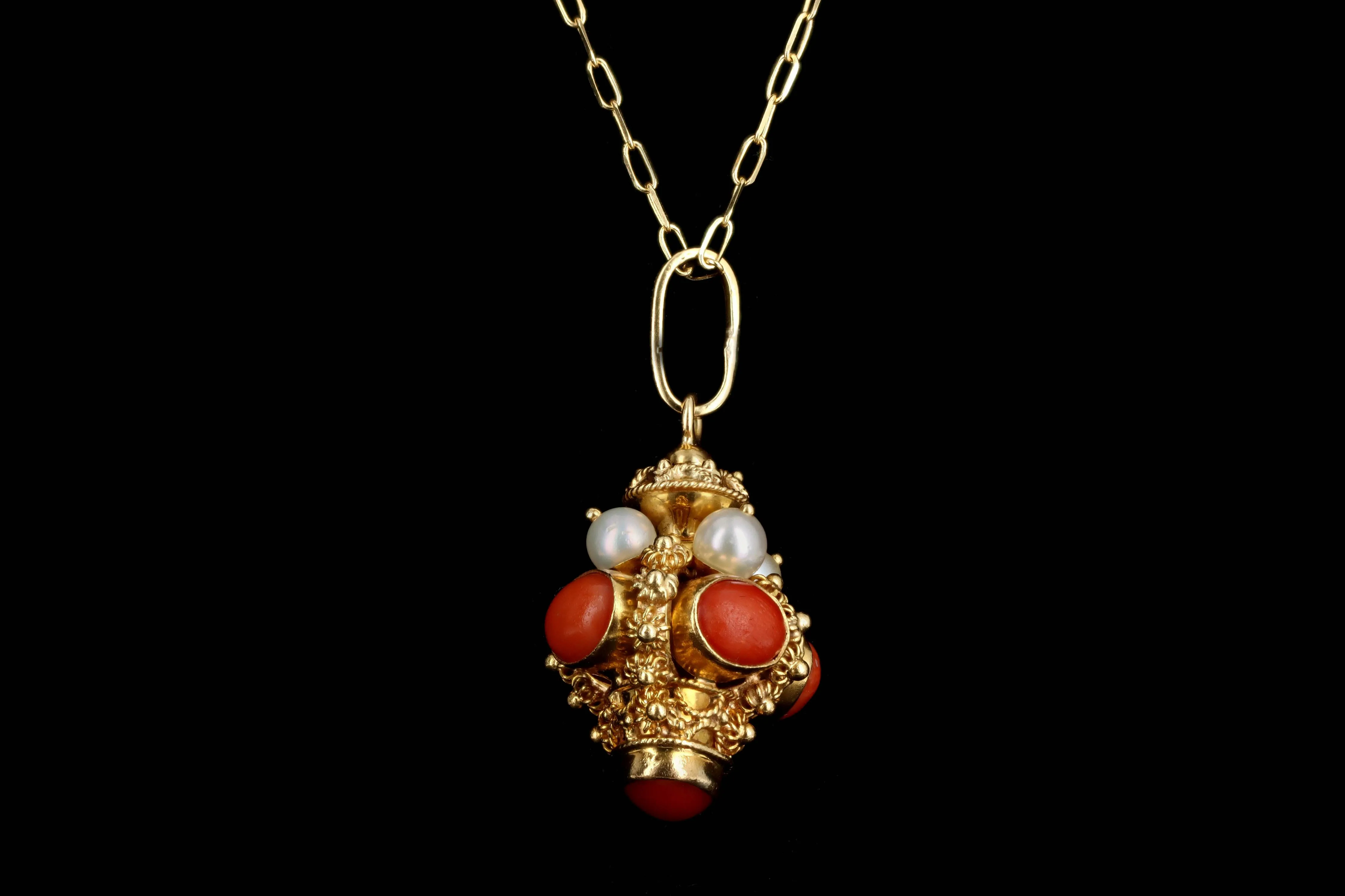 Mid Century Italian Etruscan Revival 18K Yellow Gold Coral & Cultured Pearl Charm Pendant Necklace