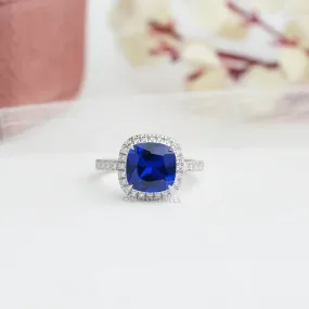 Natural Blue Cushion Cut Halo Diamond Engagement Ring
