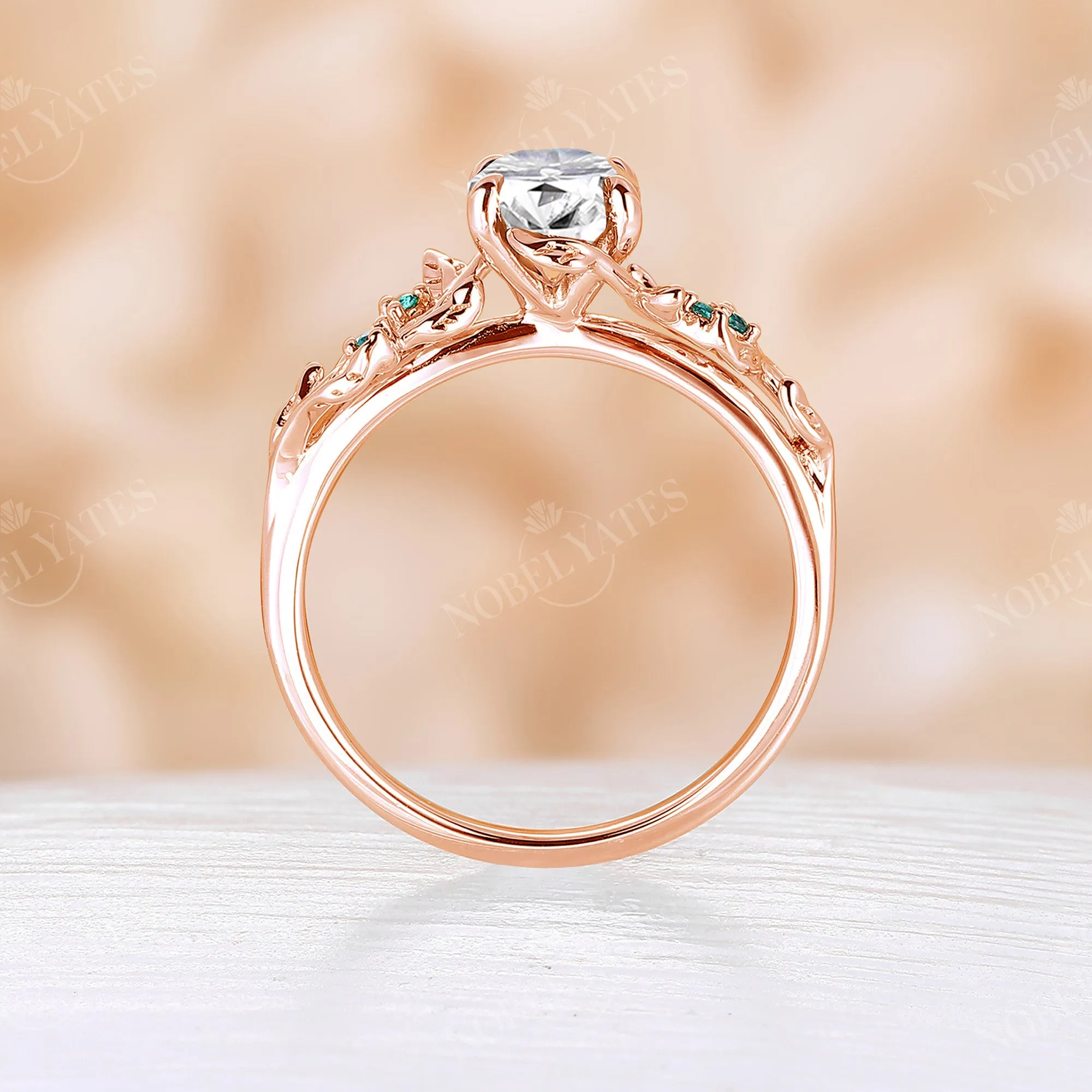 Nature Inspired Moissanite & Lab Emerald Rose Gold Leaf Engagement Ring