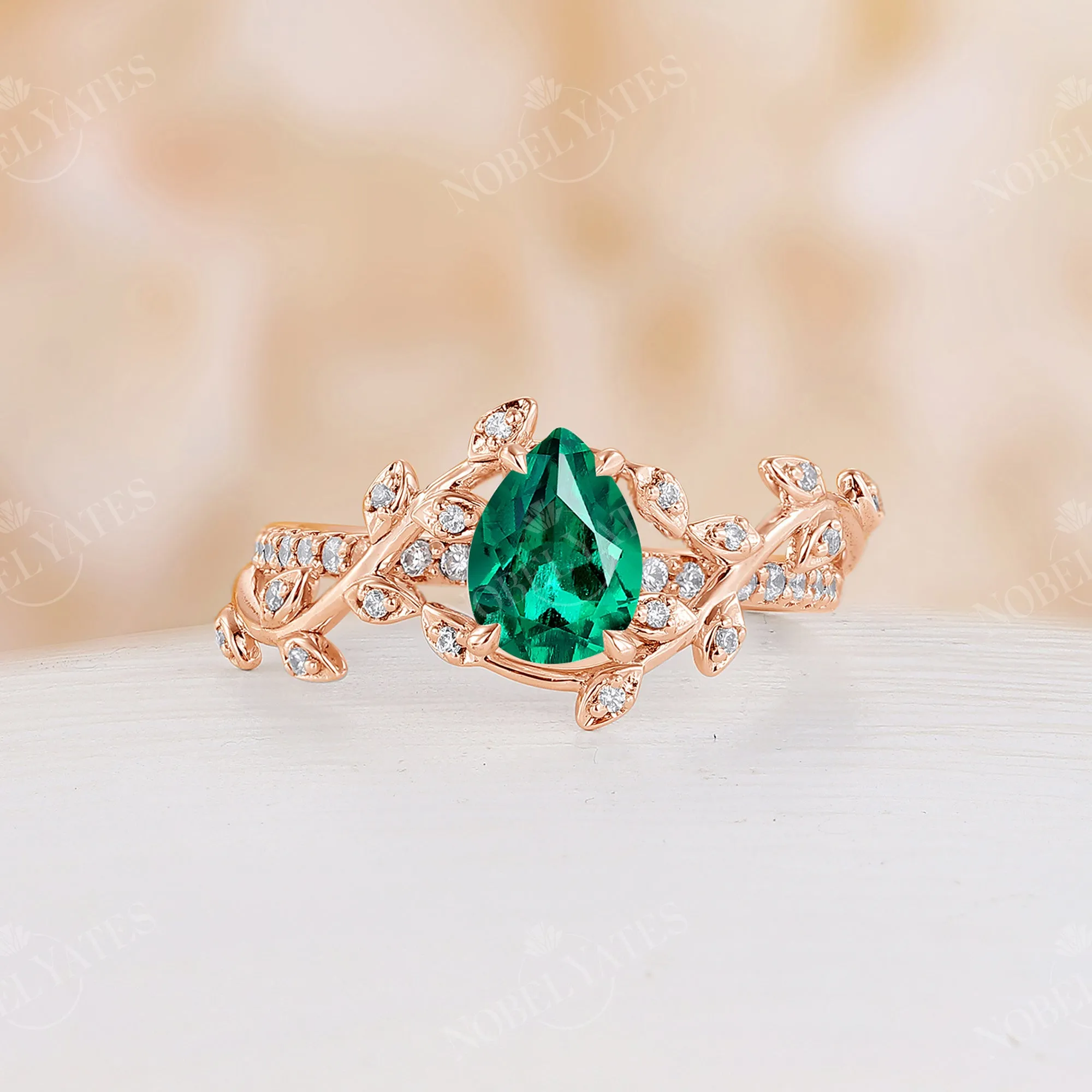 Nature Inspired Pear Lab Emerald Branch Leaf Engagement Ring Rose Gold