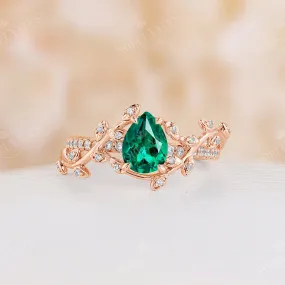 Nature Inspired Pear Lab Emerald Branch Leaf Engagement Ring Rose Gold