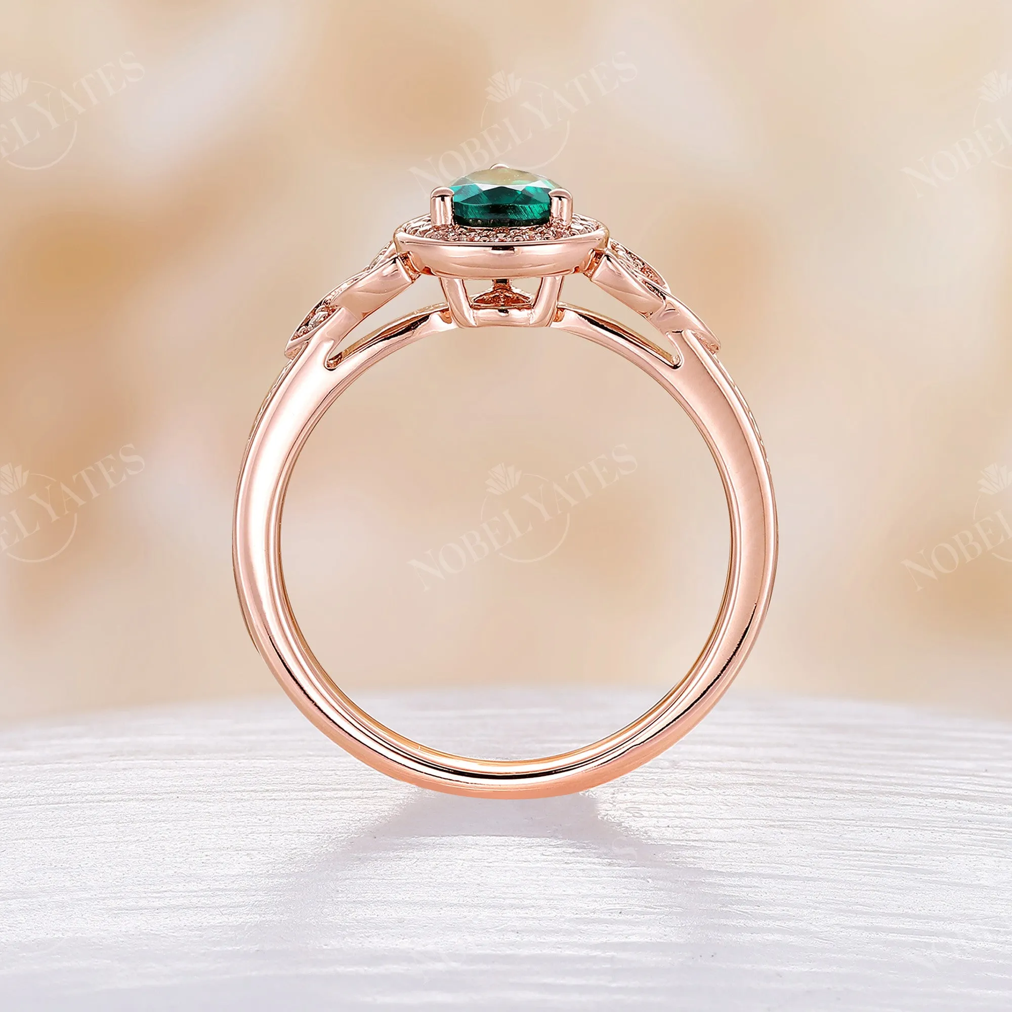 Pear Lab Emerald Halo Engagement Ring Celtic Rose Gold Pave Band