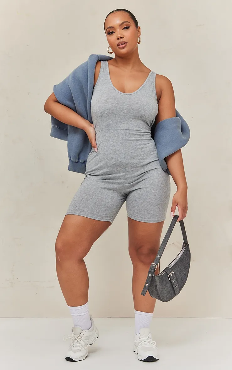 Plus Grey Plunge Front Unitard | Plus Size
