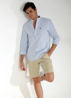 Polera Celeste Lino Cuello Mao Hombre