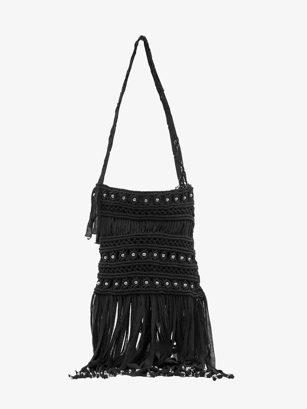 Quadra - Borsa con tracolla lunga in cotone macramè e frange sul bordo