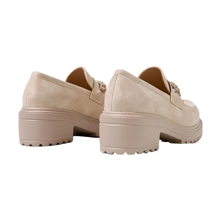 QUEEN HELENA X30 108 Mocassino Donna Tacco Medio con Morsetto in Strass Beige