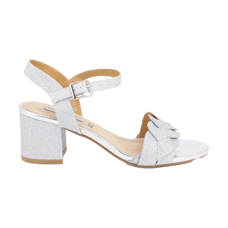 Queen Helena ZM 9460 Scarpe Donna Sandali Tacco Medio Con Cinturino Argento