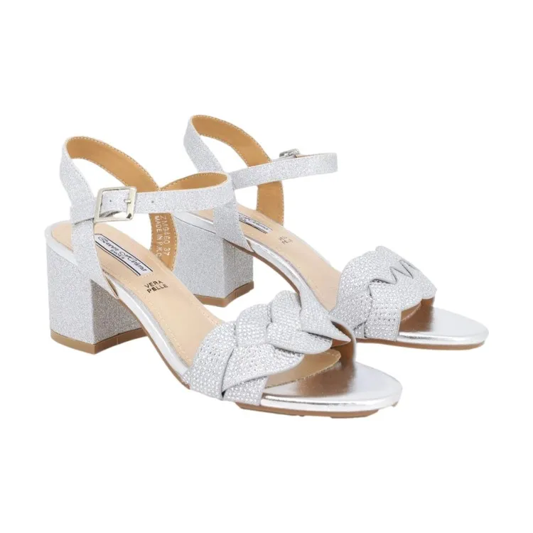 Queen Helena ZM 9460 Scarpe Donna Sandali Tacco Medio Con Cinturino Argento