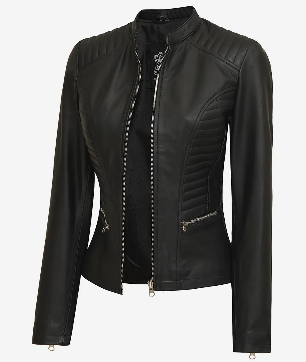 Rachel Womens Slim Fit Black Cafe Racer Leather Jacket