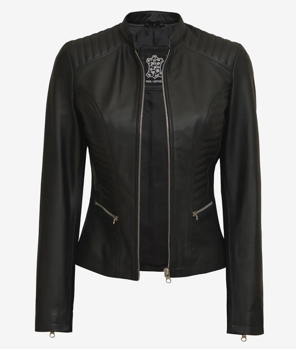 Rachel Womens Slim Fit Black Cafe Racer Leather Jacket