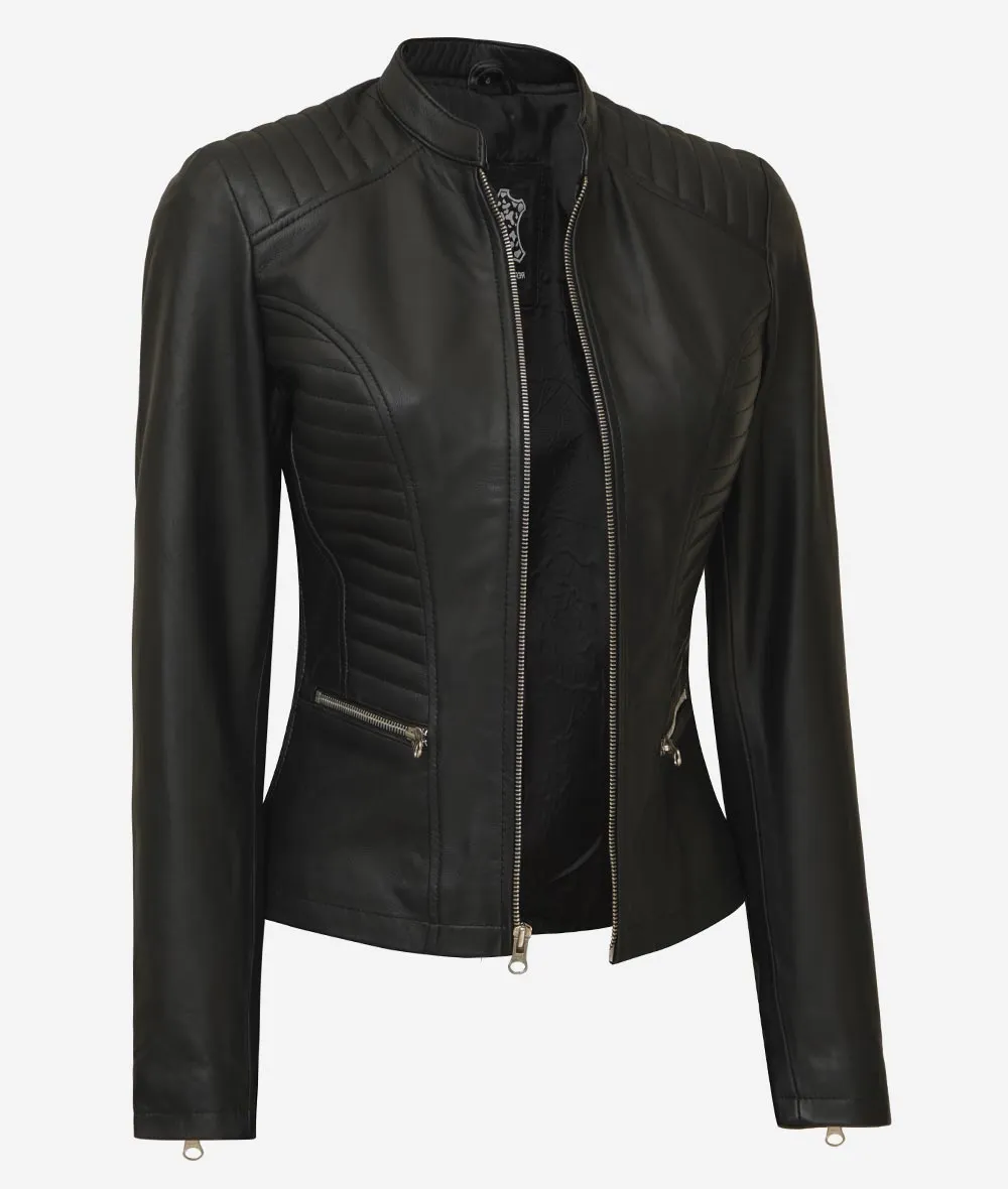 Rachel Womens Slim Fit Black Cafe Racer Leather Jacket