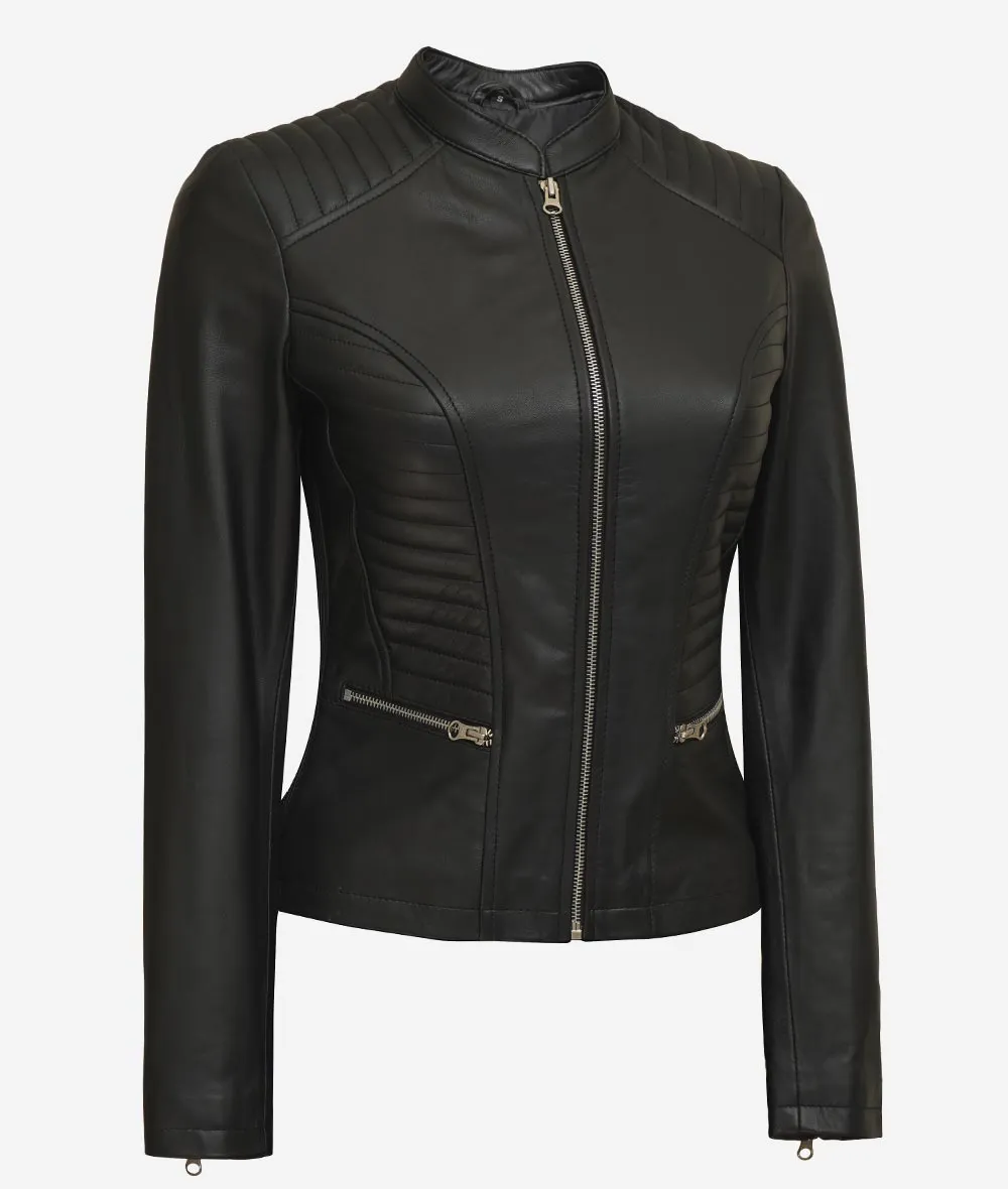 Rachel Womens Slim Fit Black Cafe Racer Leather Jacket