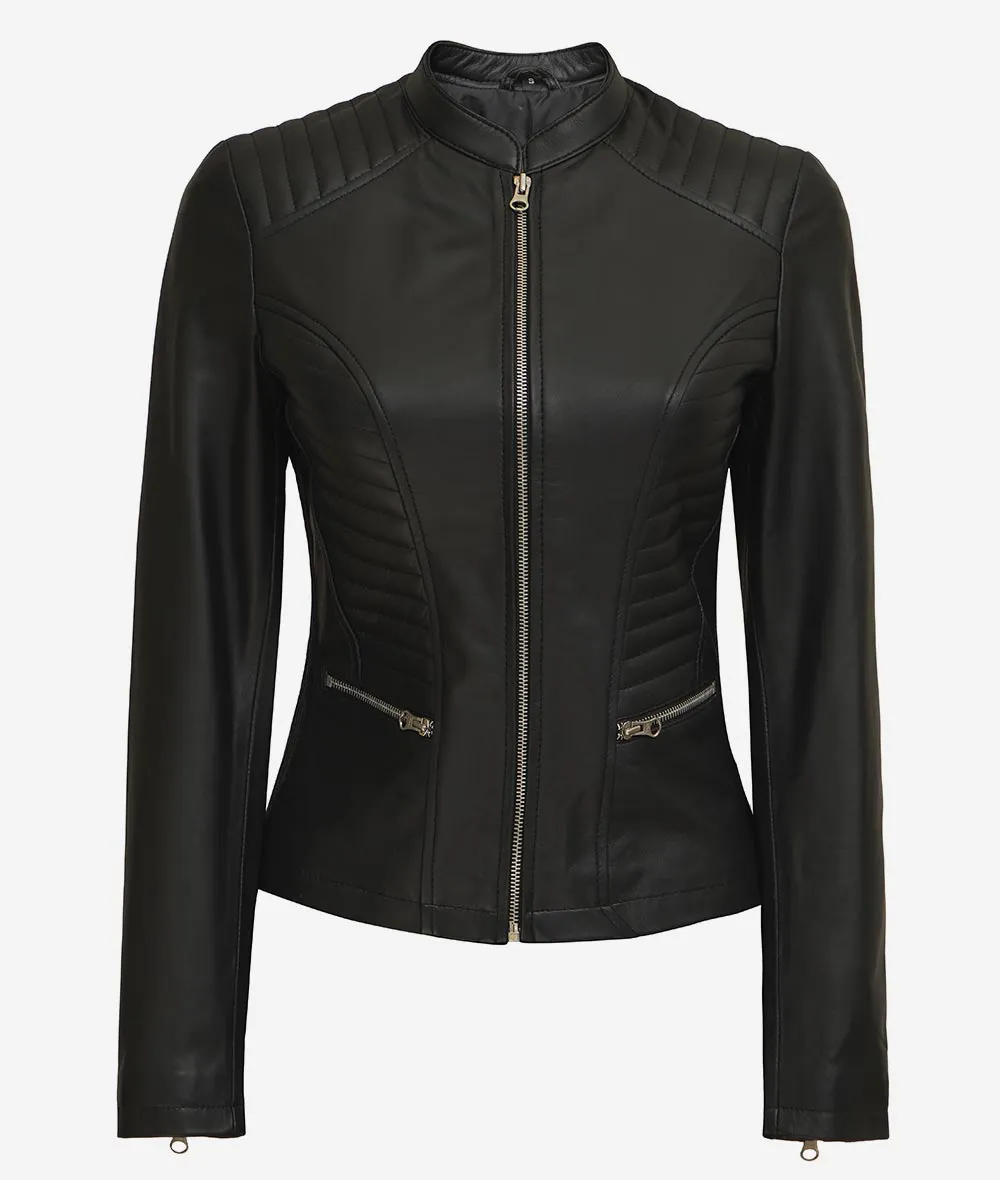 Rachel Womens Slim Fit Black Cafe Racer Leather Jacket