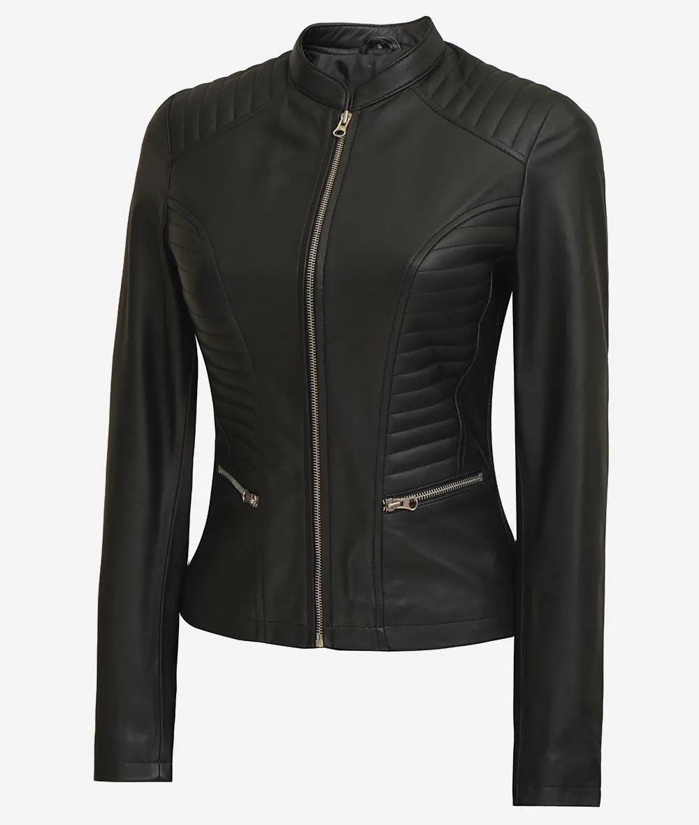 Rachel Womens Slim Fit Black Cafe Racer Leather Jacket