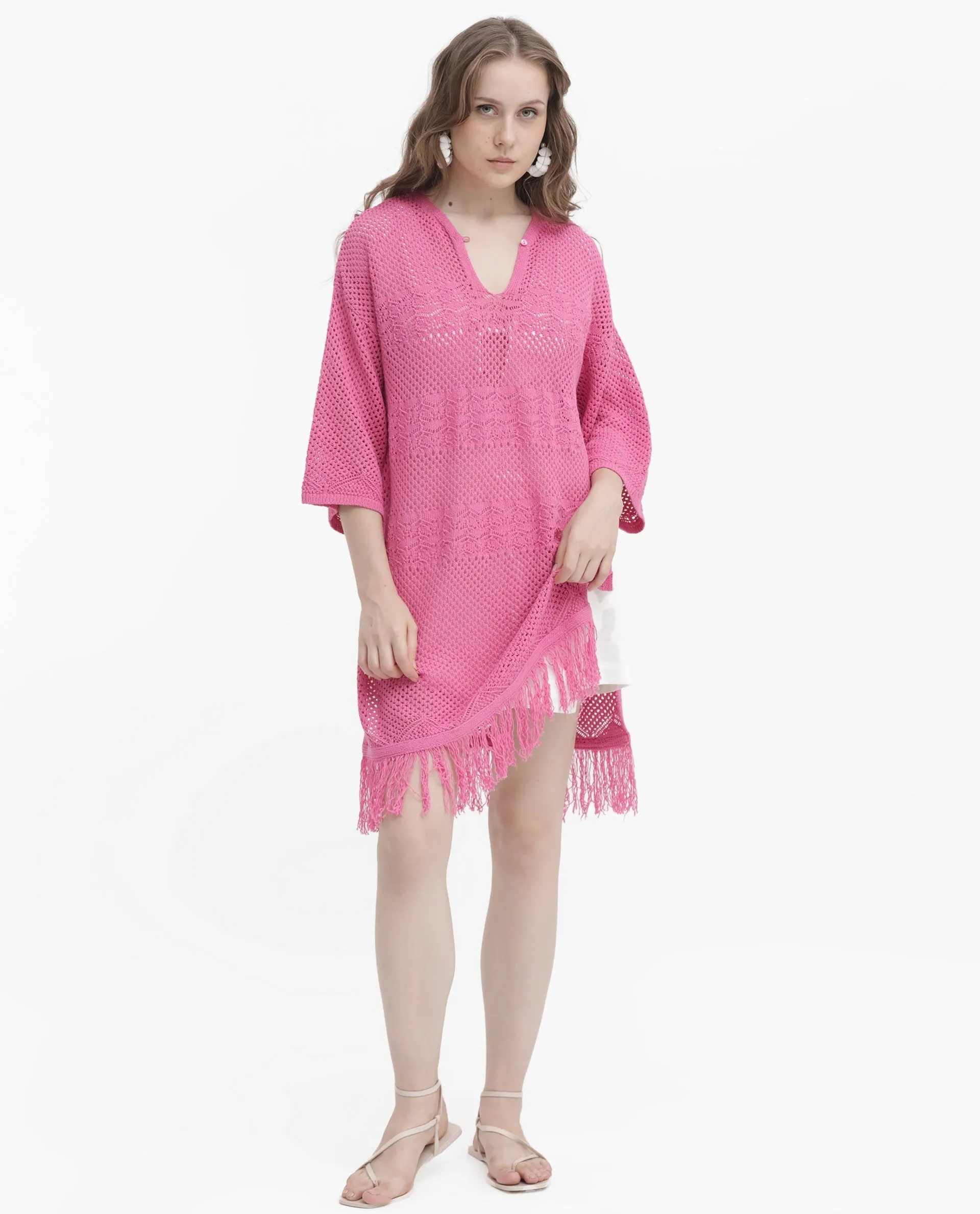 Rareism Women Mitsuko Pink Cotton Fabric 3/4Th Sleeves Button Closure Key Hole Neck Relaxed Fit Plain Knee Length Dress