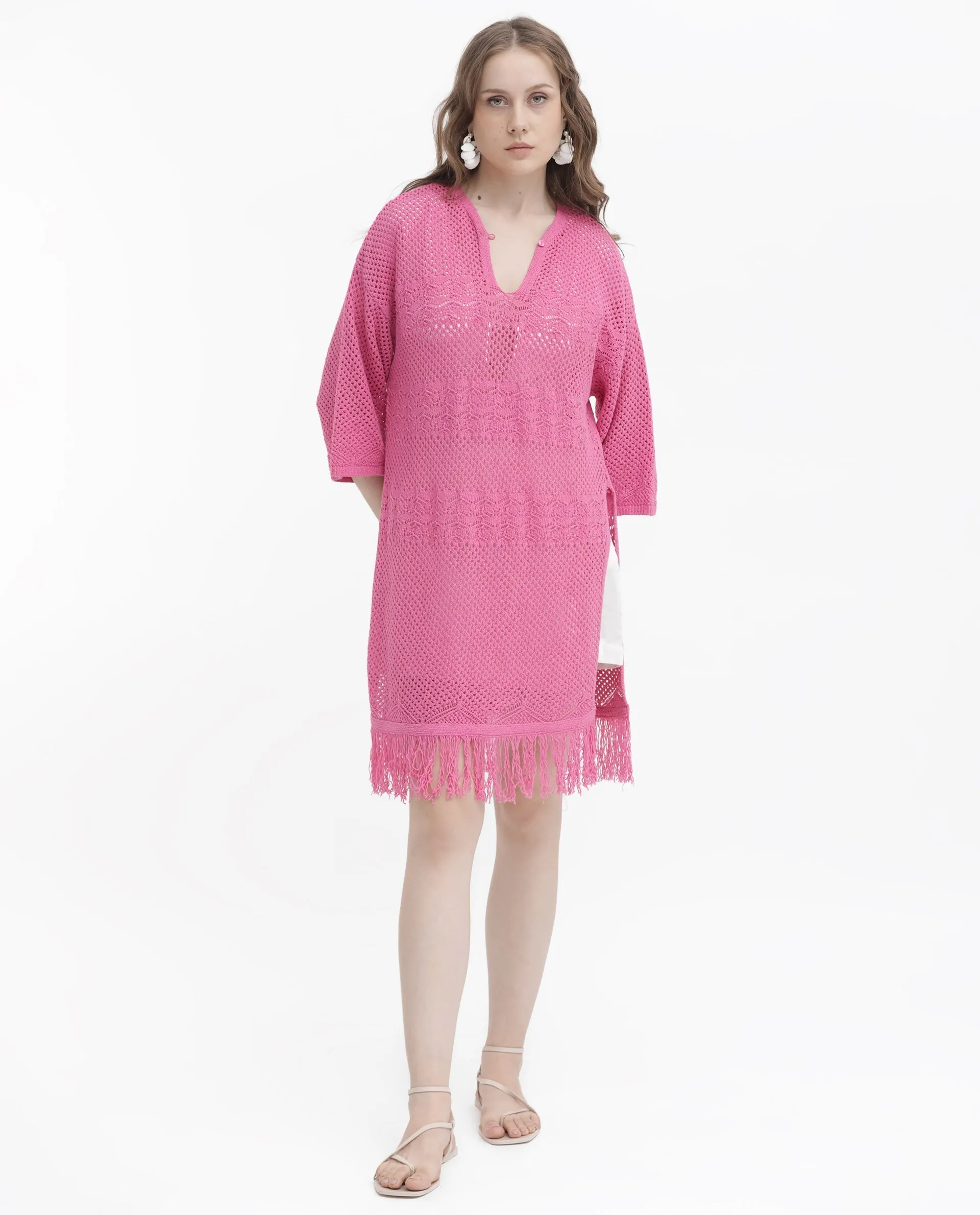 Rareism Women Mitsuko Pink Cotton Fabric 3/4Th Sleeves Button Closure Key Hole Neck Relaxed Fit Plain Knee Length Dress