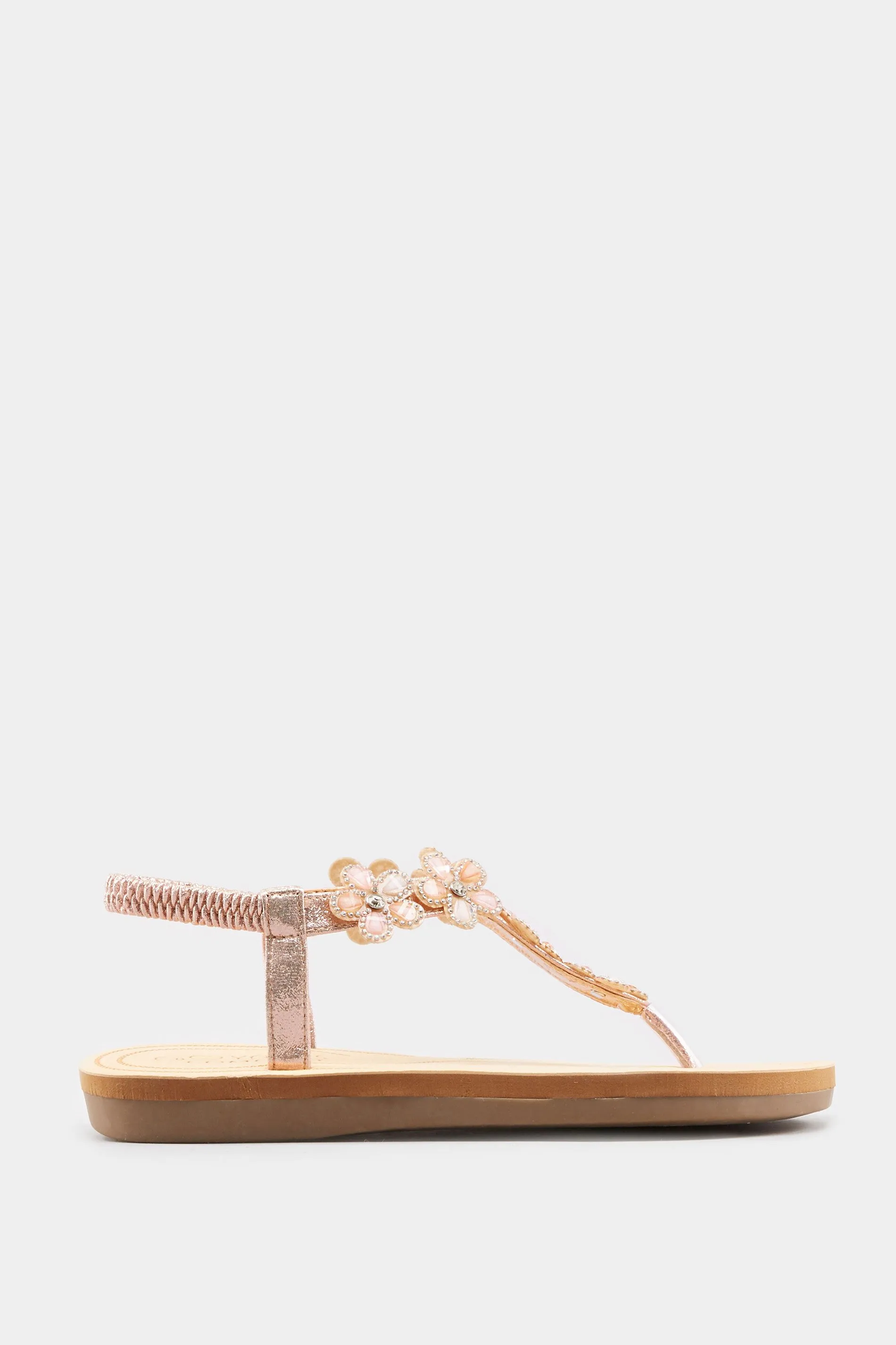 Rose Gold Diamante Flower Sandals In Wide E Fit & Extra Wide Fit