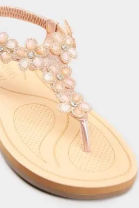 Rose Gold Diamante Flower Sandals In Wide E Fit & Extra Wide Fit