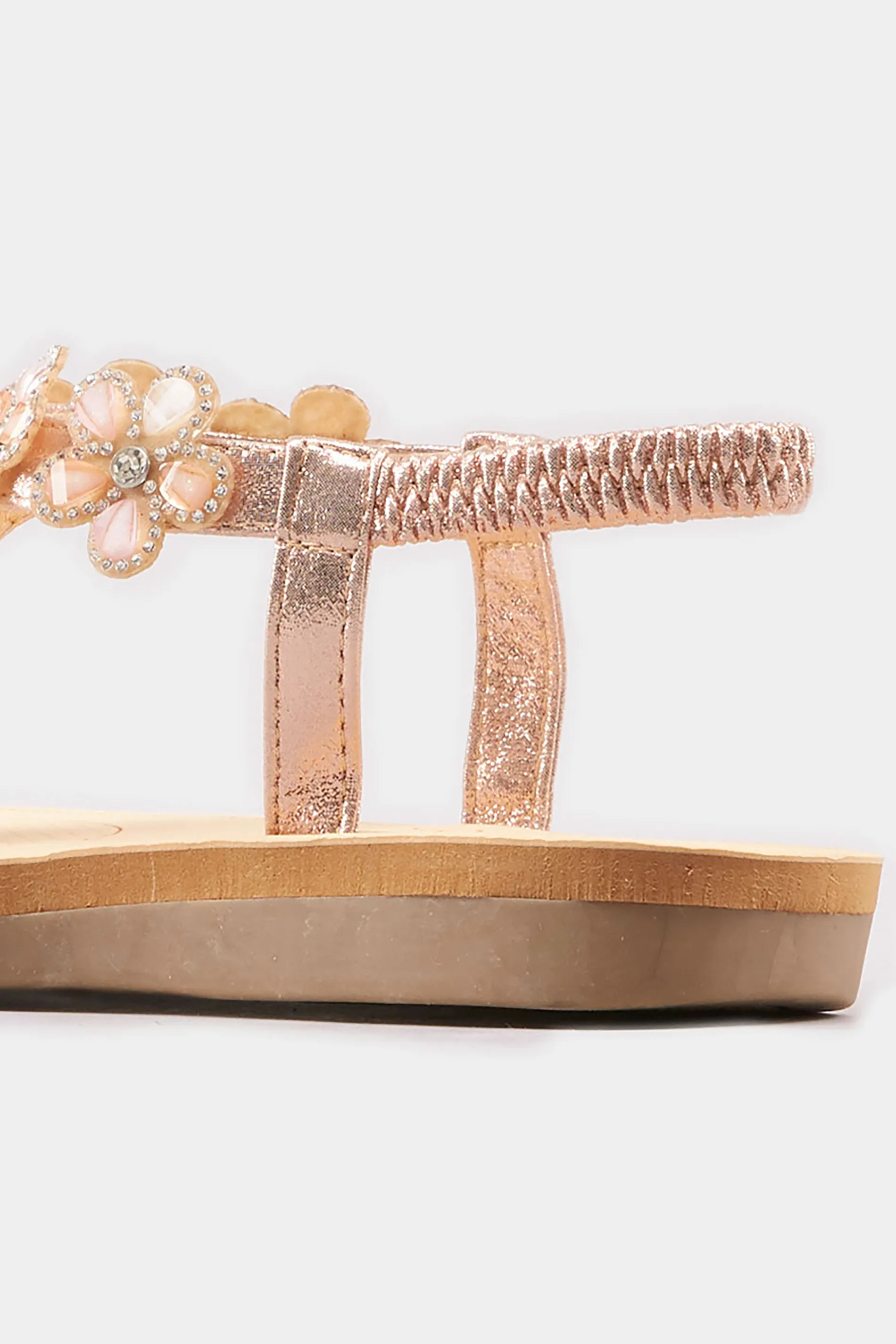 Rose Gold Diamante Flower Sandals In Wide E Fit & Extra Wide Fit