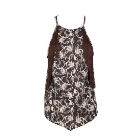 TOP TITUBANTE STAMPA RAMAGE CON FRANGE Donna Grigio Beige