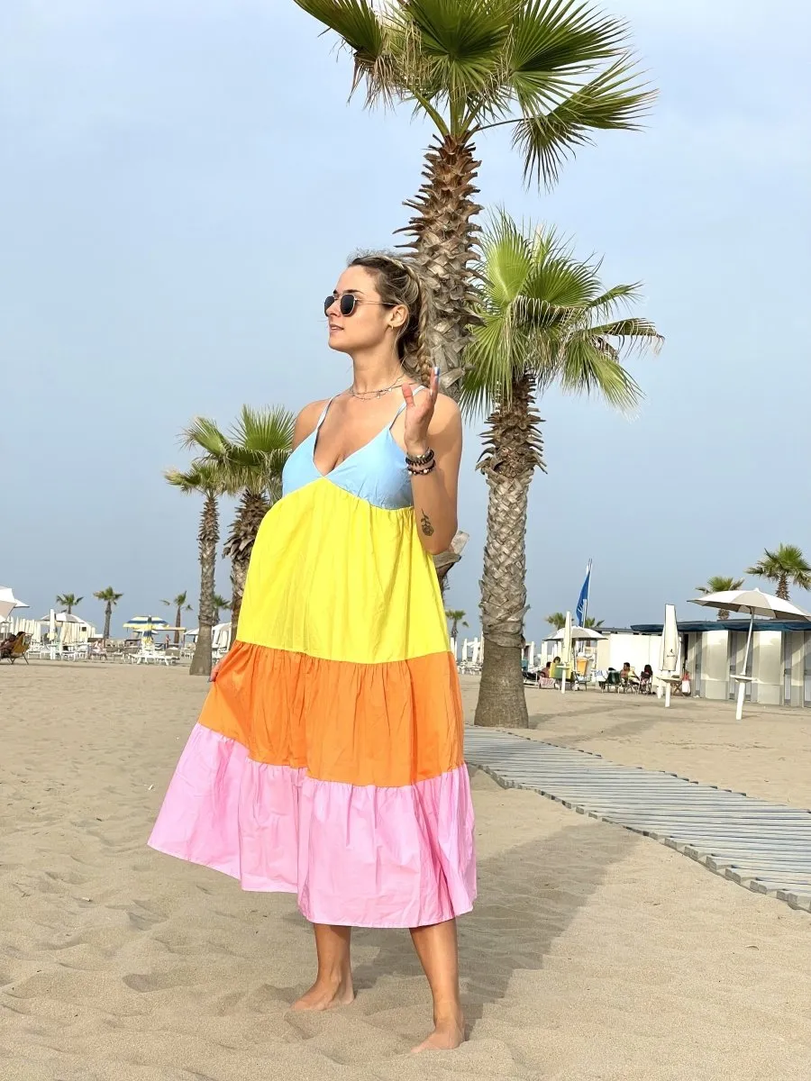 Vestito multicolor azzurro, giallo, arancione e rosa