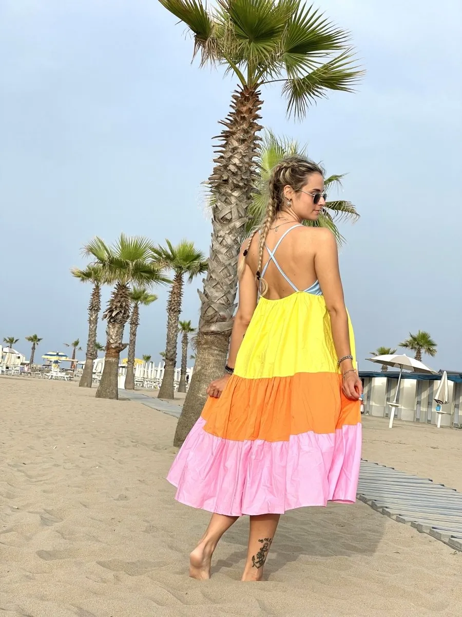 Vestito multicolor azzurro, giallo, arancione e rosa