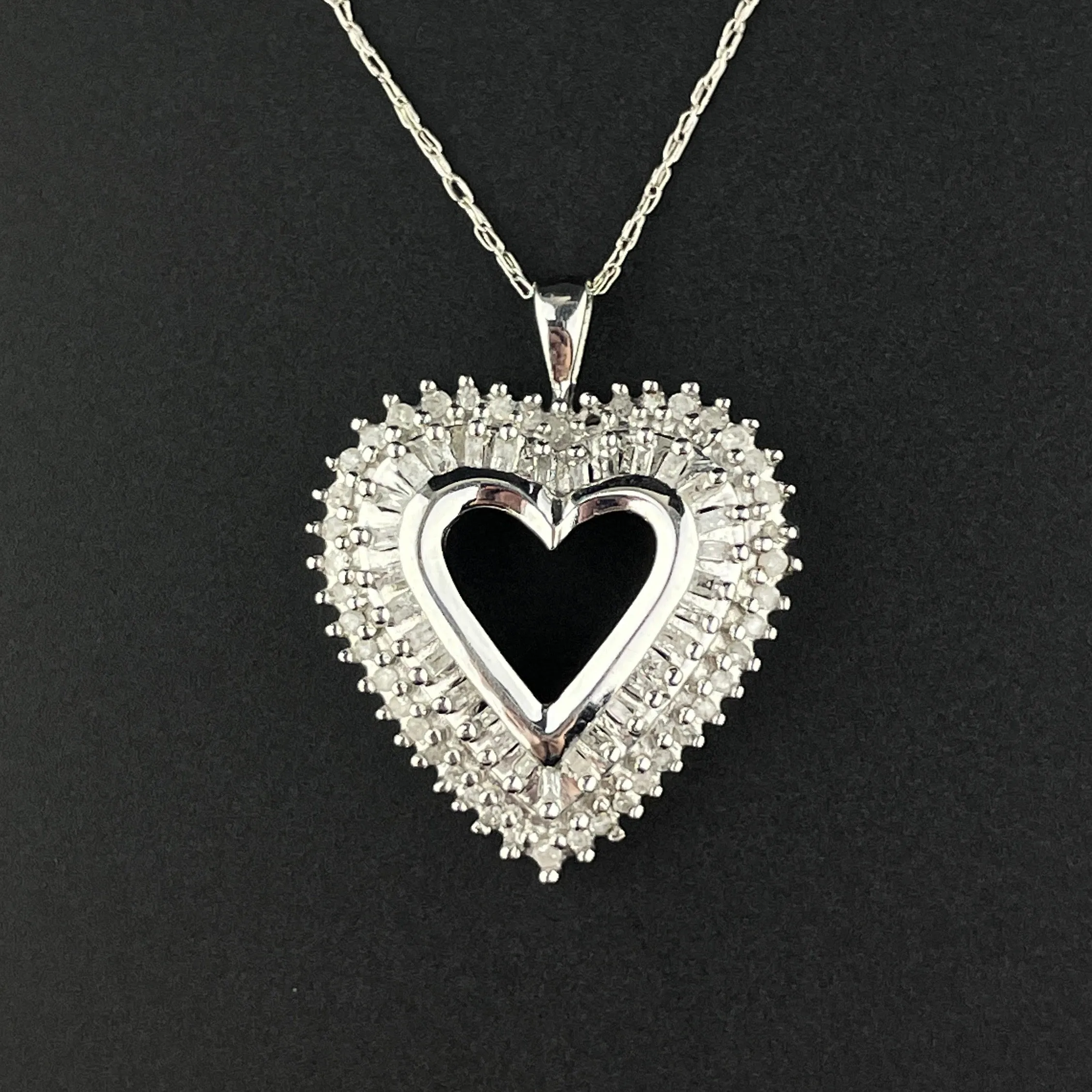 Vintage 10K White Gold Baguette Diamond Open Heart Pendant Necklace
