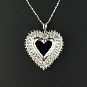 Vintage 10K White Gold Baguette Diamond Open Heart Pendant Necklace