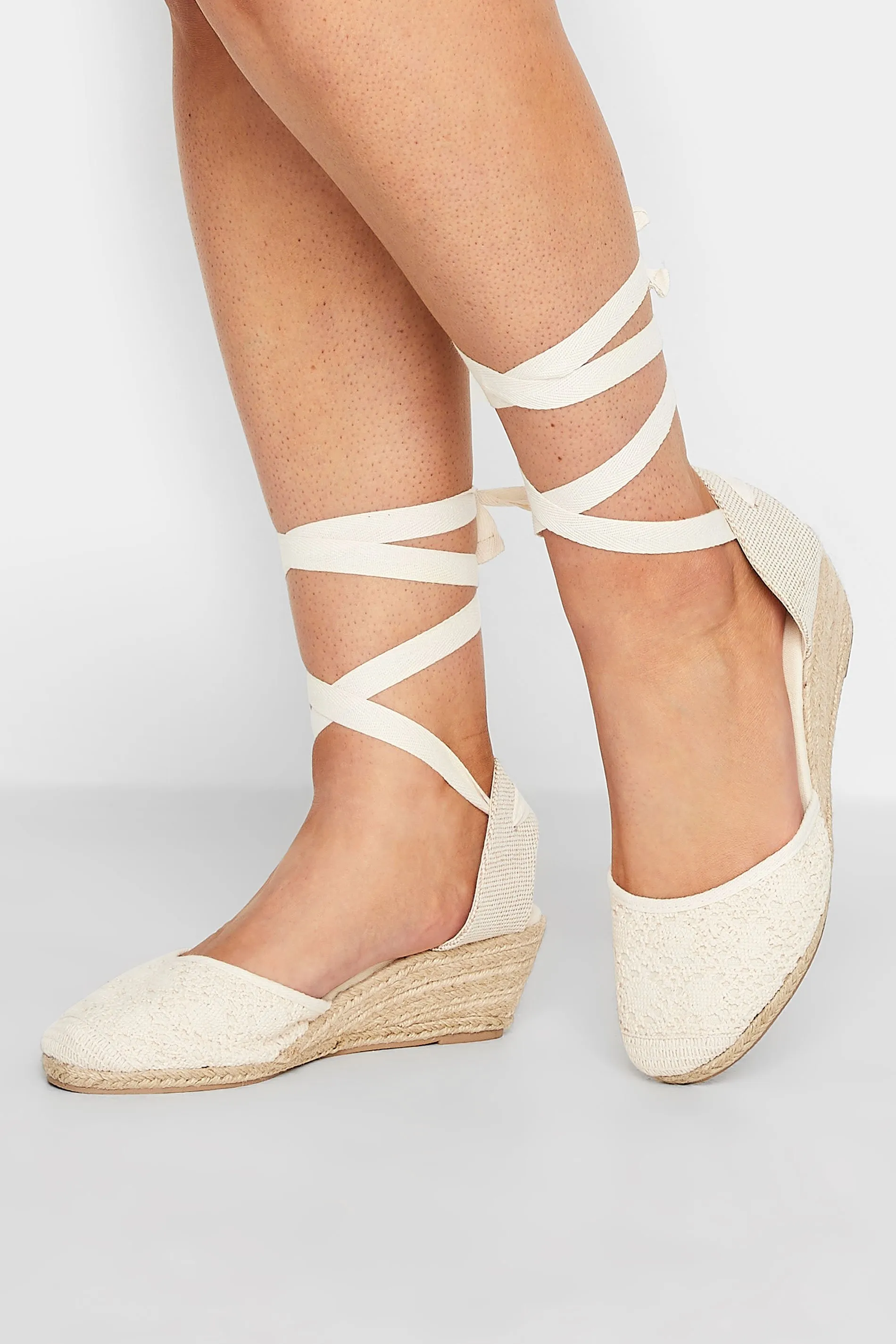 White Crochet Lace Up Espadrille Wedges In Wide E Fit & Extra Wide EEE Fit