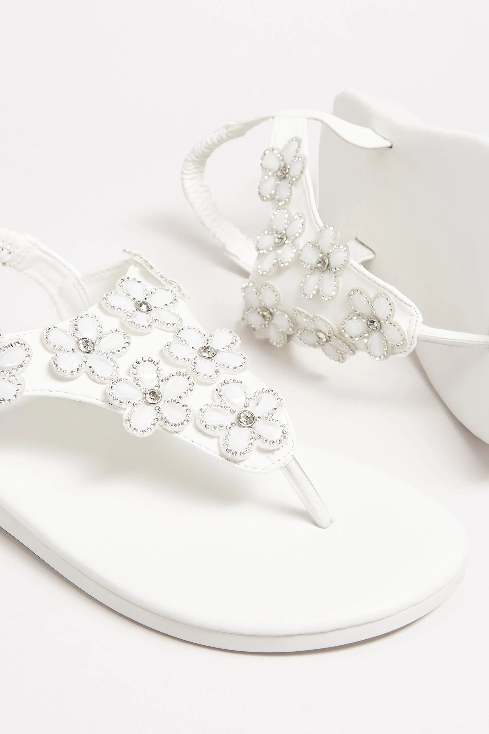 White Diamante Flower Sandals In Wide E Fit & Extra Wide EEE Fit